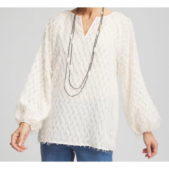 Chico's Tops - Chicos 4 / 20 Eyelash Fringe Feathered Long Sleeve Peasant Blouse Cream Boho
